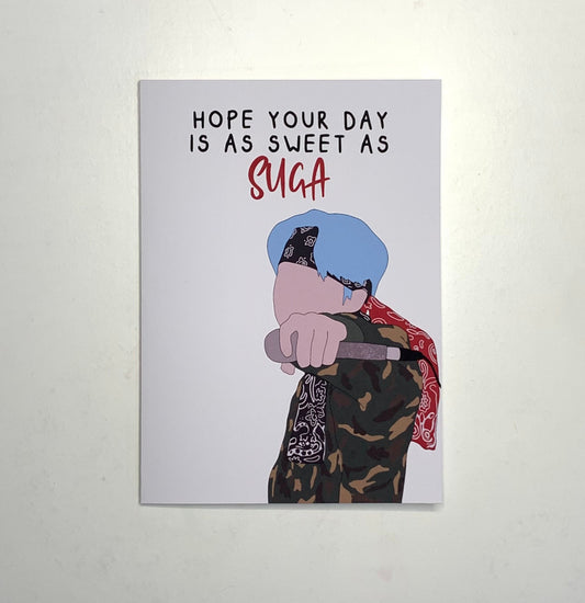 "Hope your day is as sweet as Suga" BTS Yoongi inspired birthday greeting card - Inkflowerr
