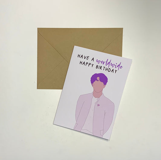 "Have a worldwide happy birthday" BTS Jin inspired birthday greeting card - Inkflowerr