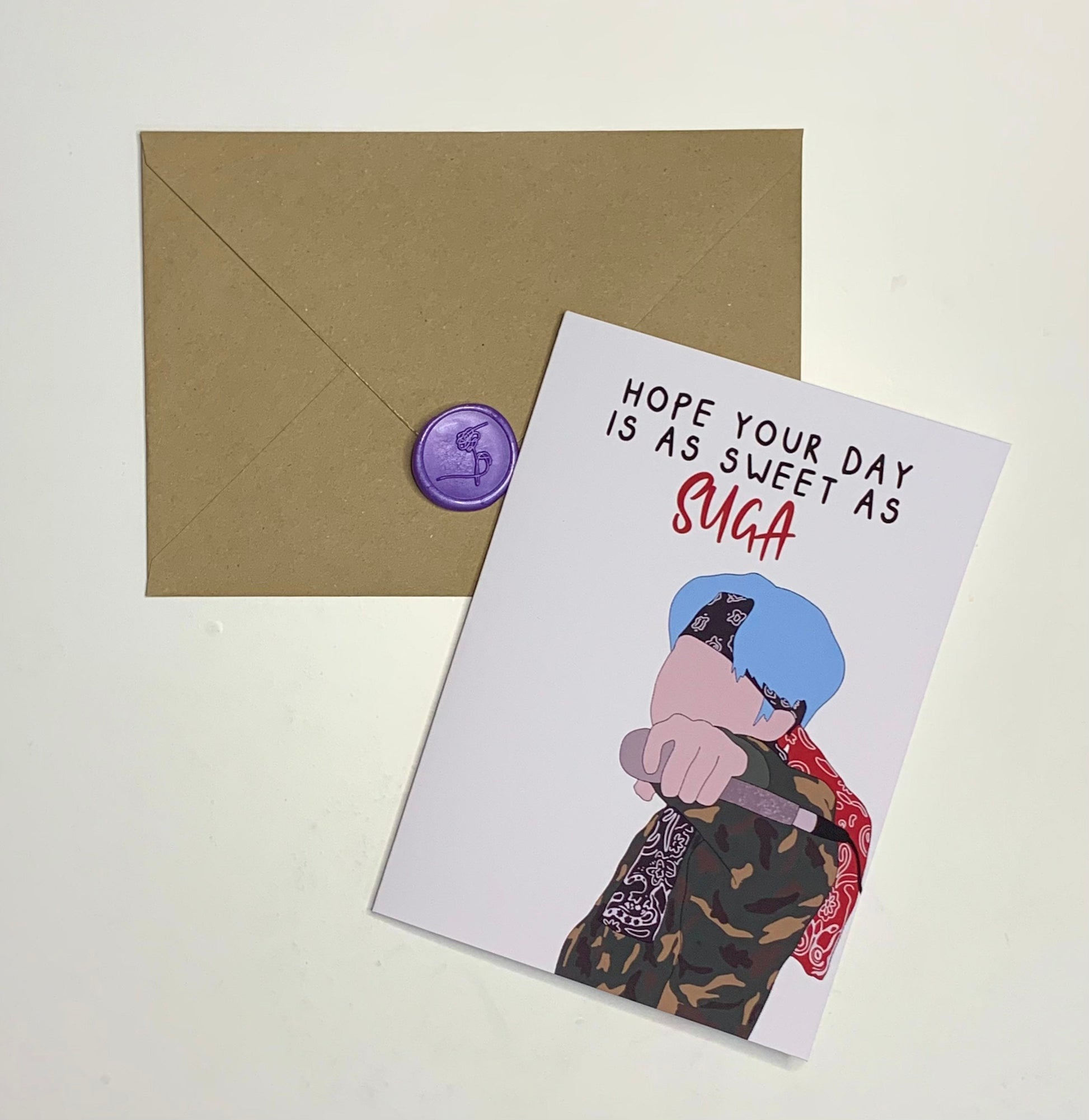 "Hope your day is as sweet as Suga" BTS Yoongi inspired birthday greeting card - Inkflowerr