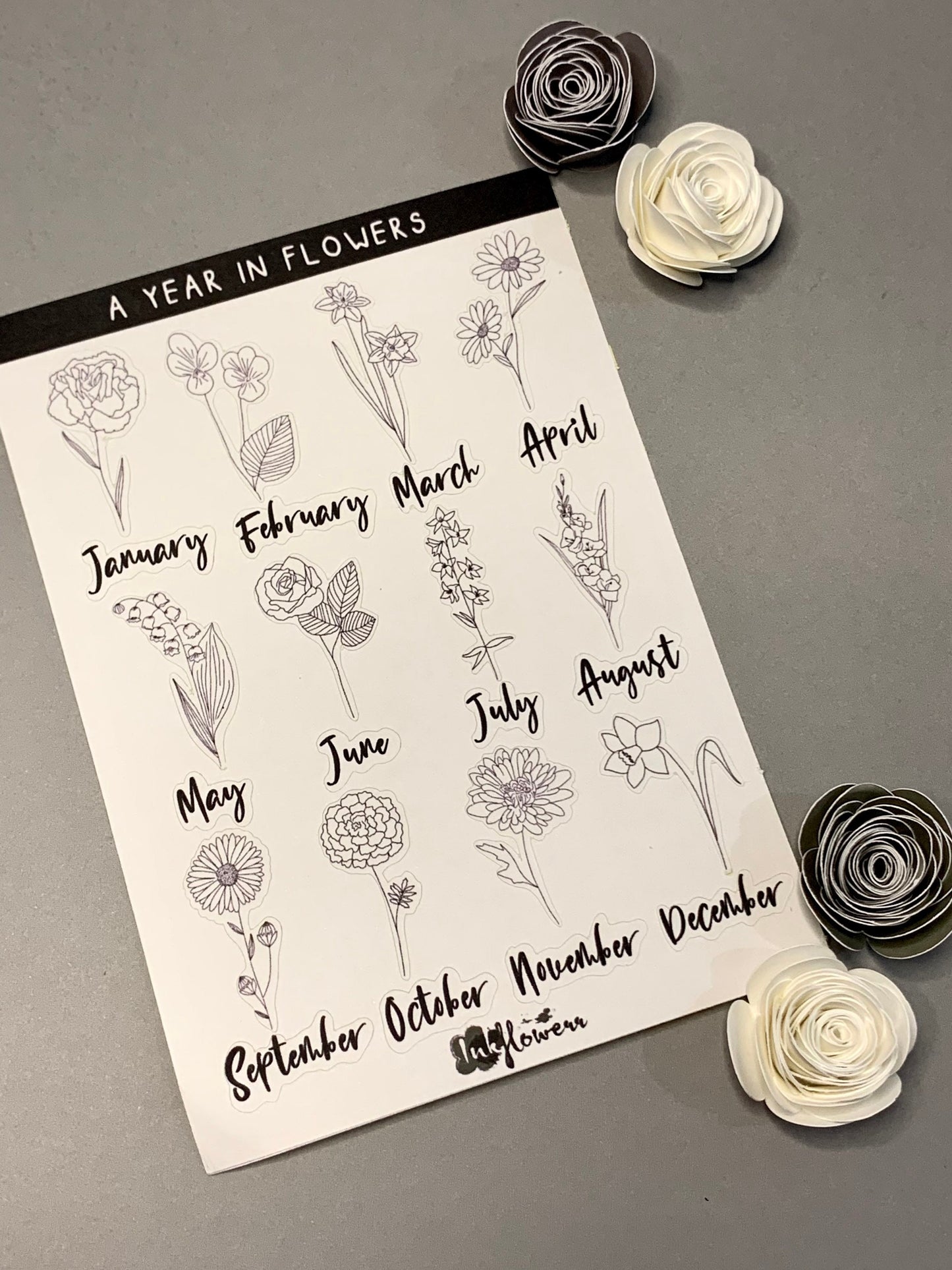 Year in flowers line art floral matte sticker sheet - Inkflowerr