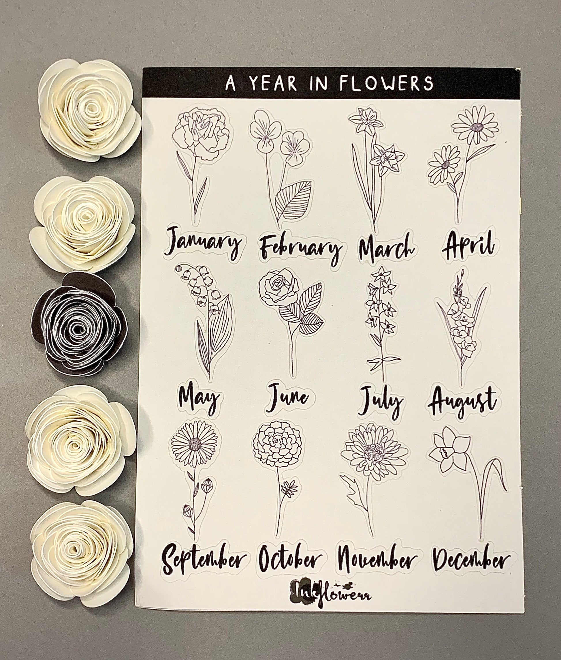 Year in flowers line art floral matte sticker sheet - Inkflowerr