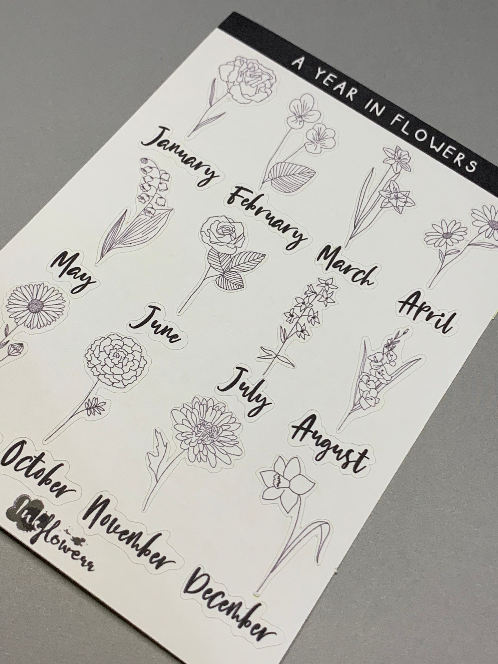 Year in flowers line art floral matte sticker sheet - Inkflowerr