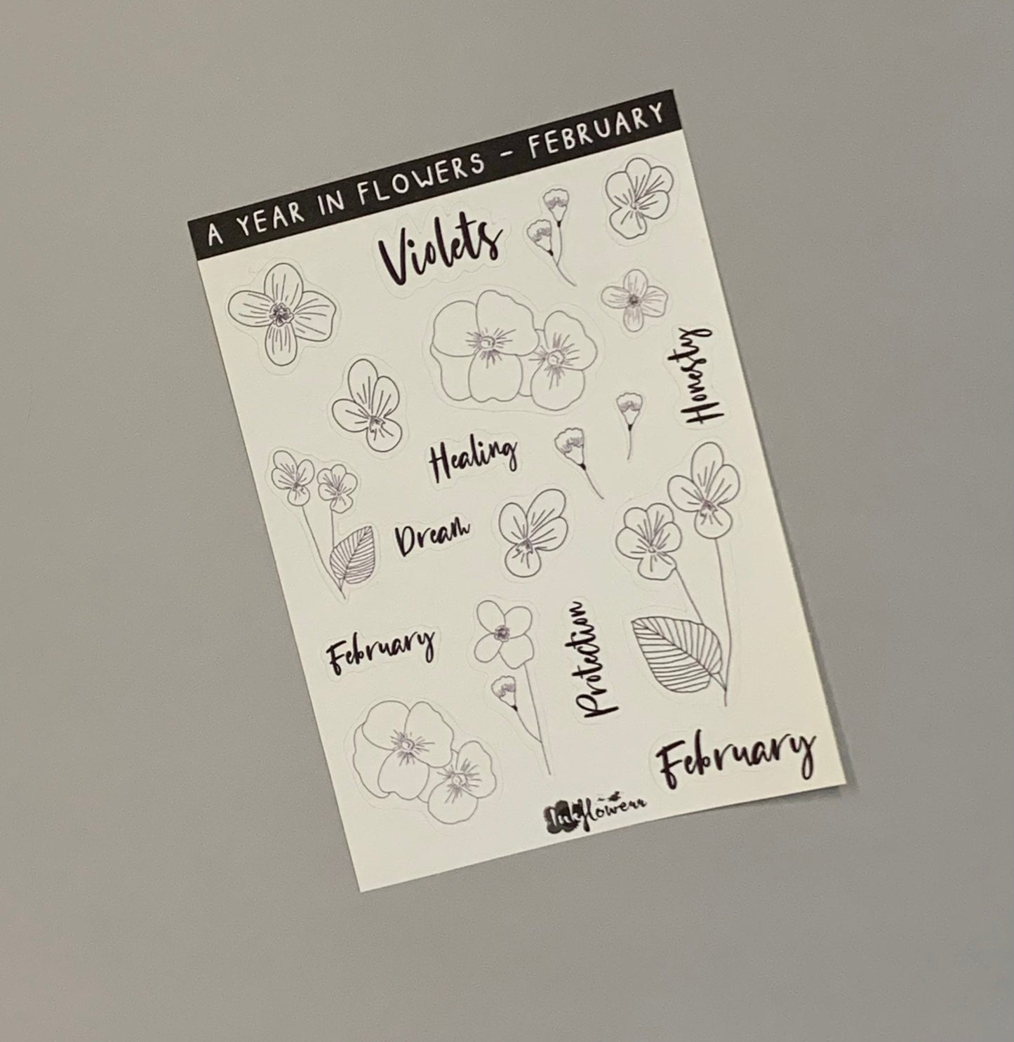 Year in Flowers - February Violets floral matte sticker sheet