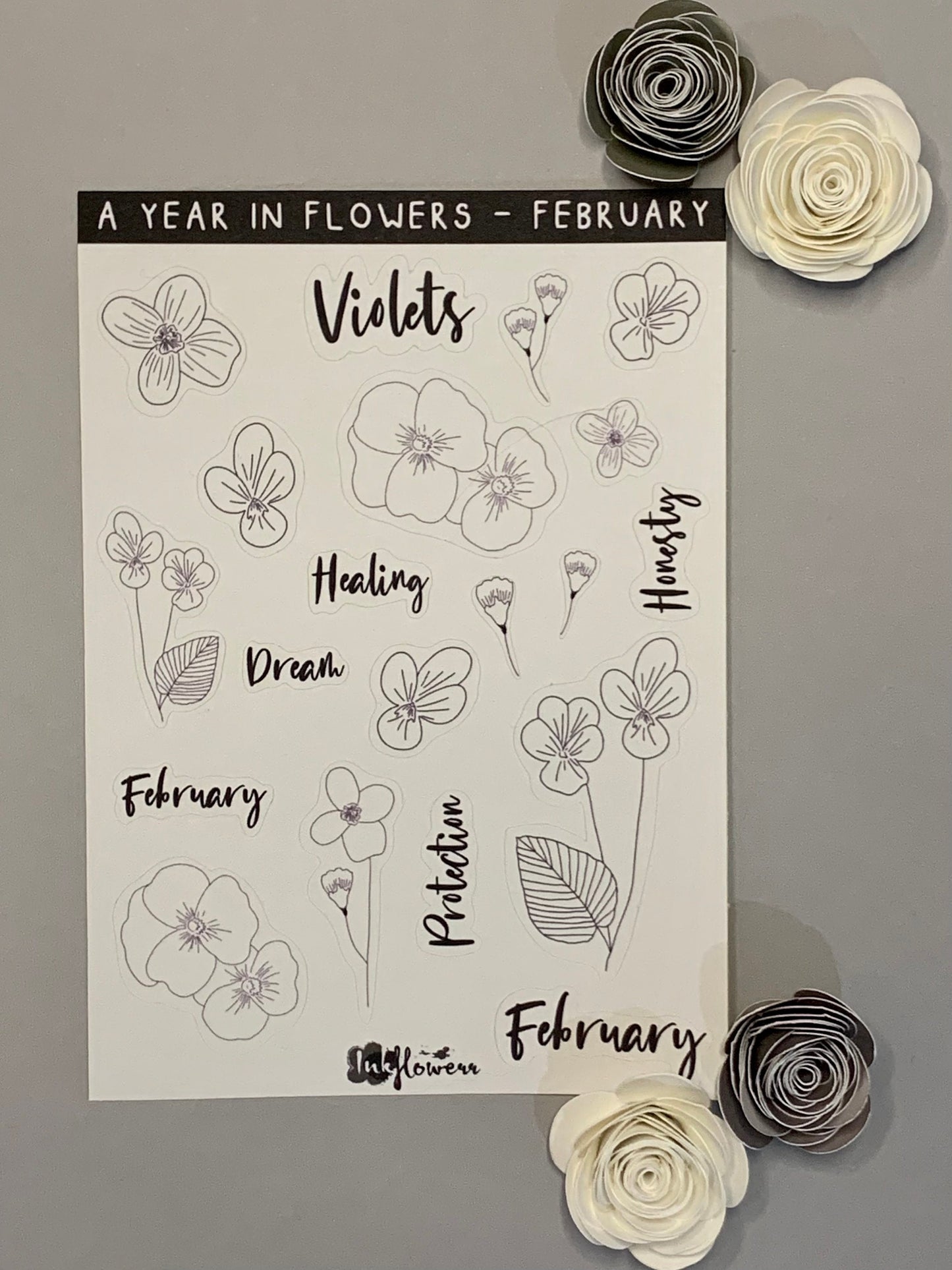 Year in Flowers - February Violets floral matte sticker sheet